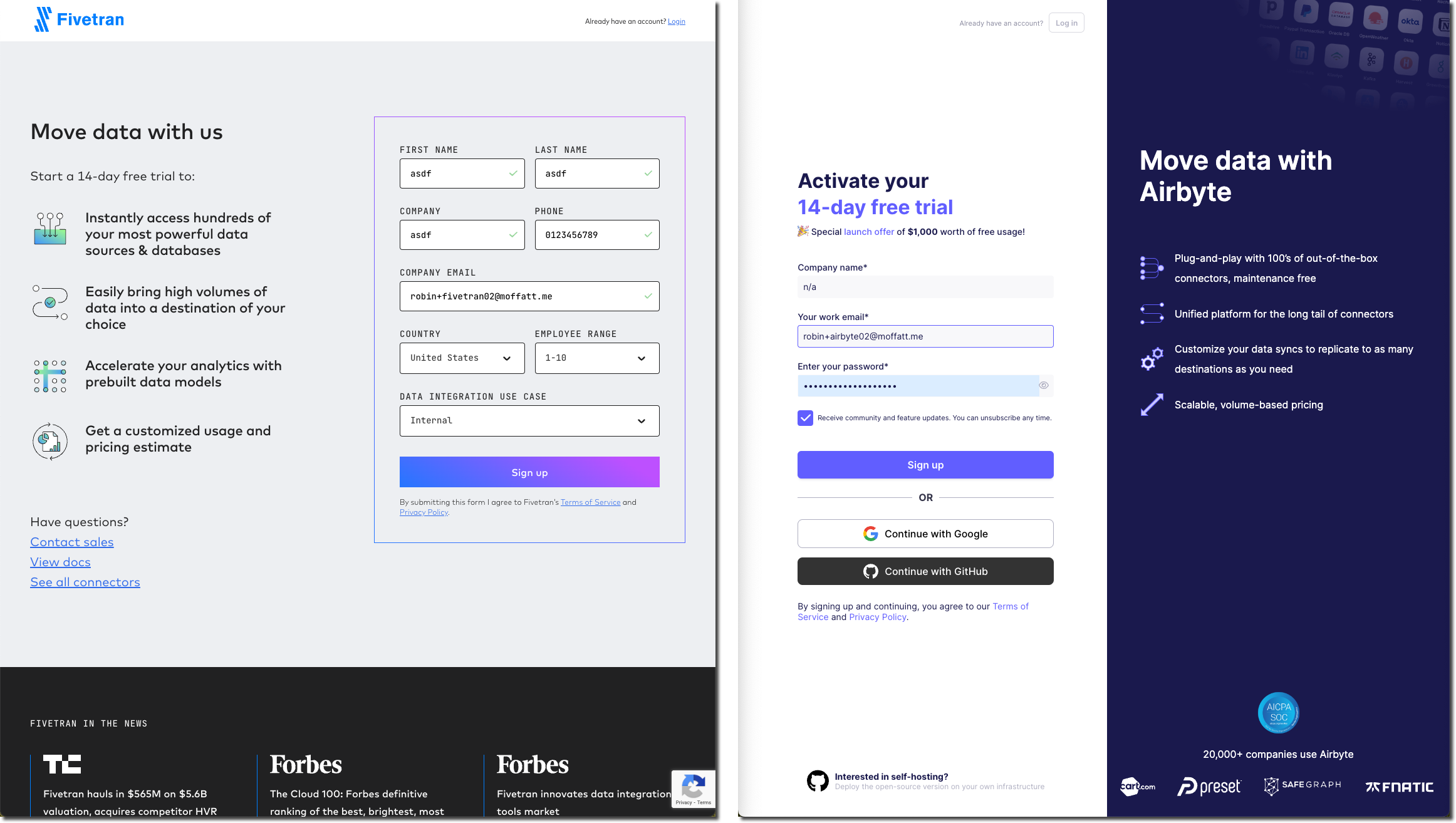 Fivetran and Airbyte - signup forms pt 1