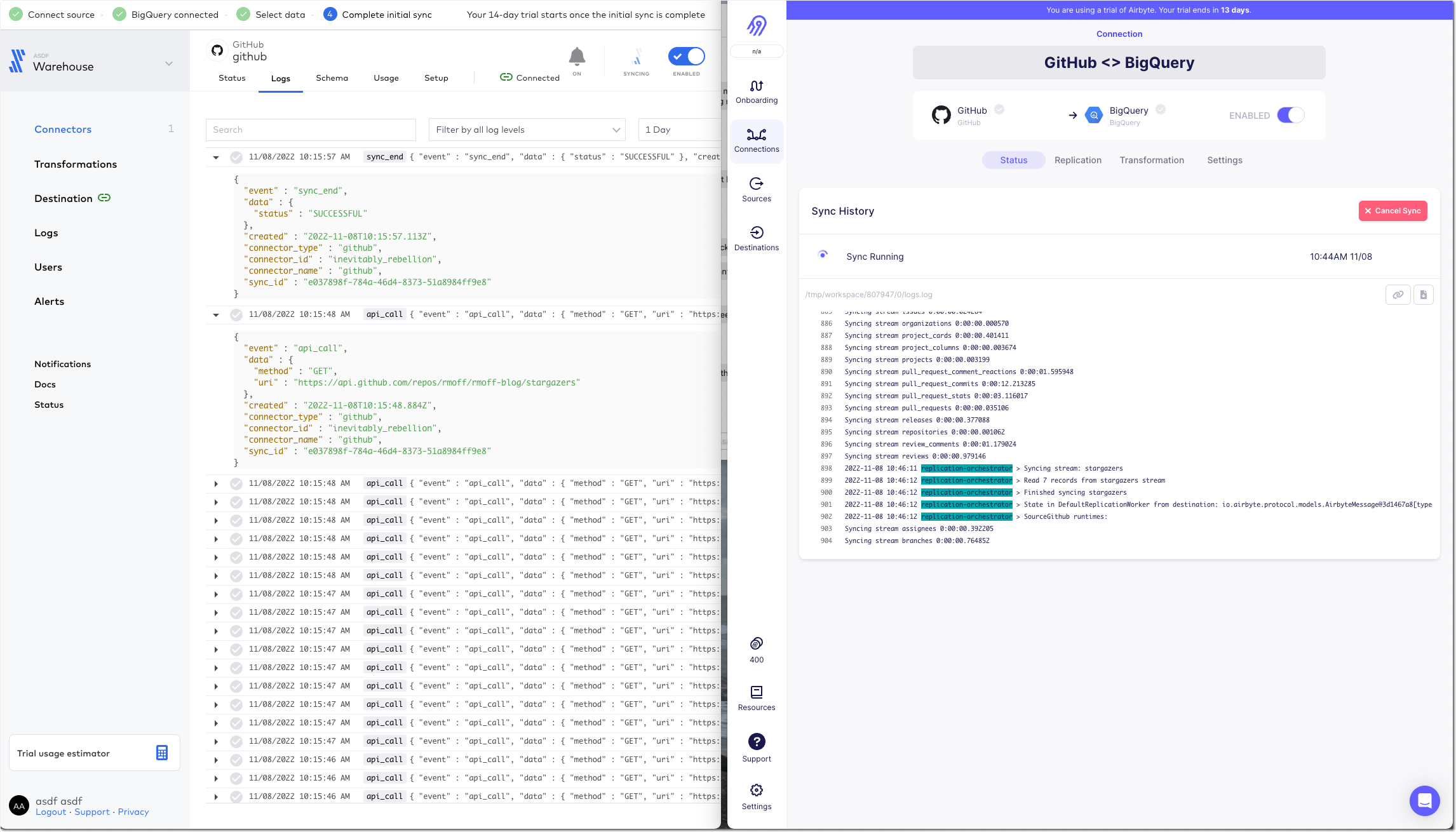 Fivetran and AirByte - Connector logs